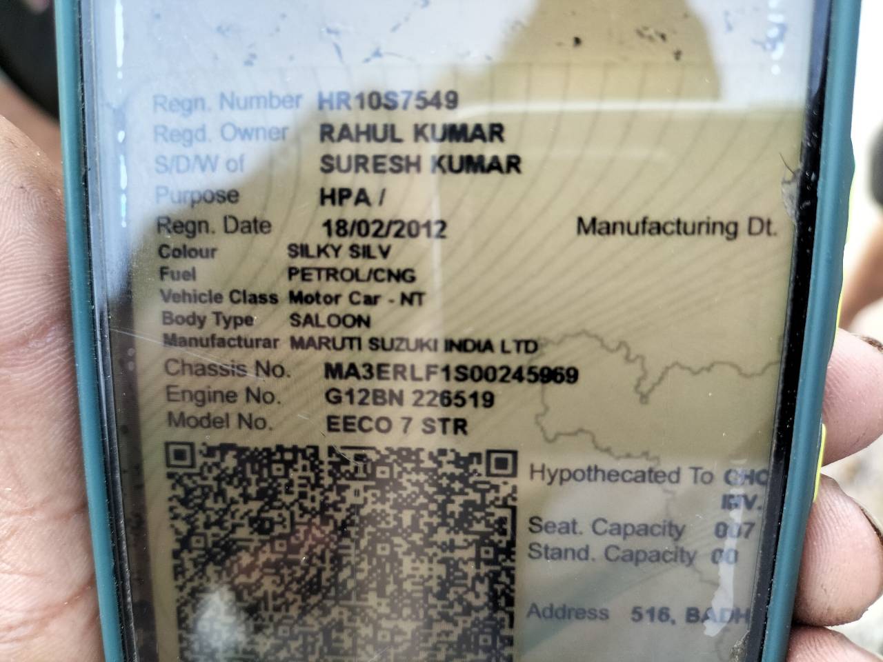 MARUTI WITHOUT RC - MARUTI EECO 7 STR 2012 PETROL-CNG